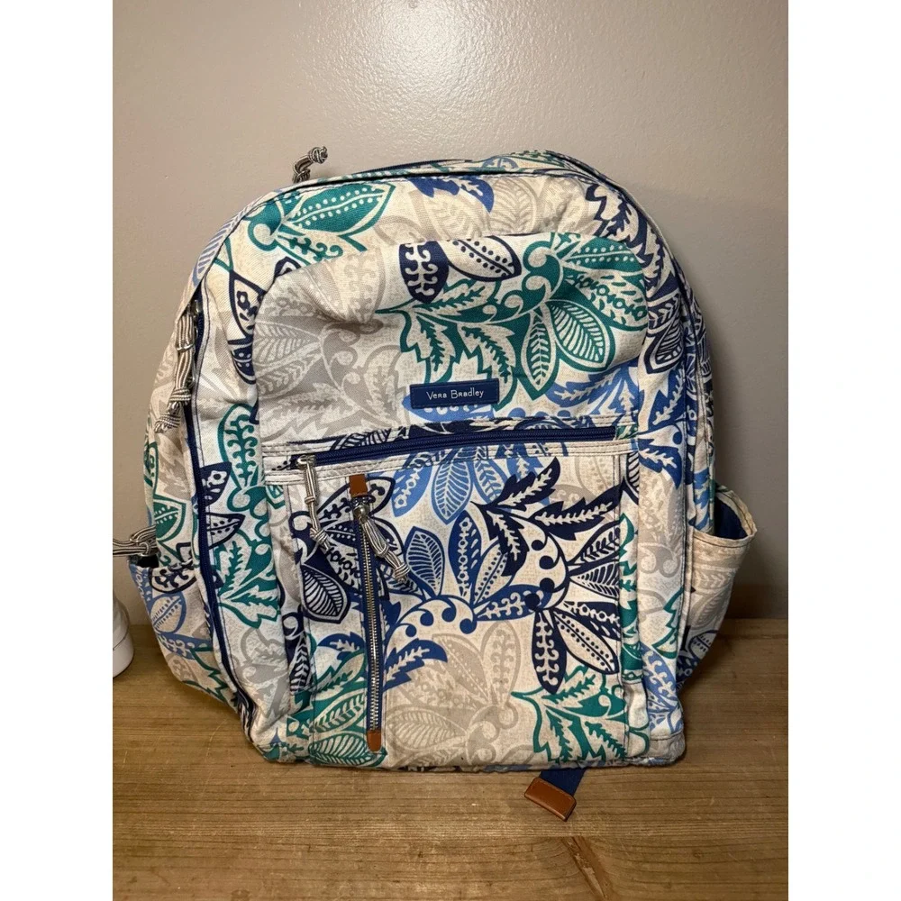 Vera Bradley Blue Teal Floral Leaf Canvas Backpack School Travel Bag
